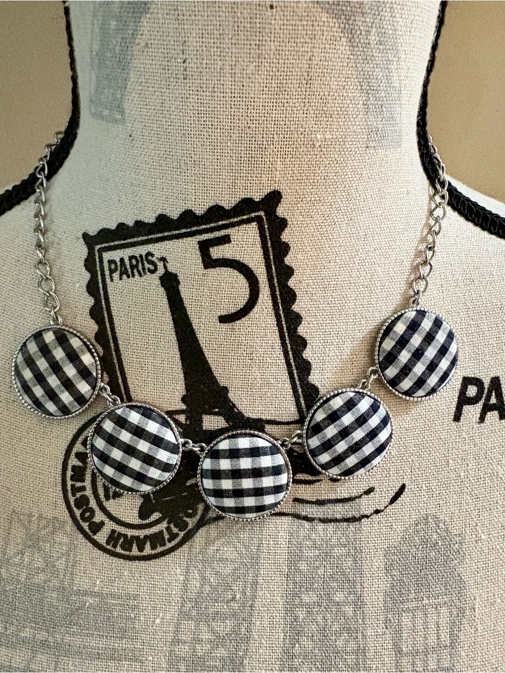 Talbots Black and White Gingham Cabochon Necklace